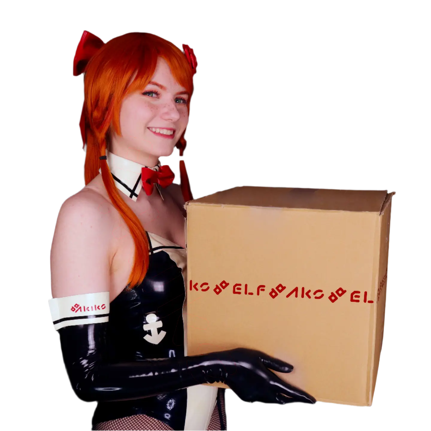 An Anime fashion model named 'Elena de Haes' wears a black and white designer latex leotard and gloves of the akiko luxury brand, holding a cardboard box with 'Akiko' branding