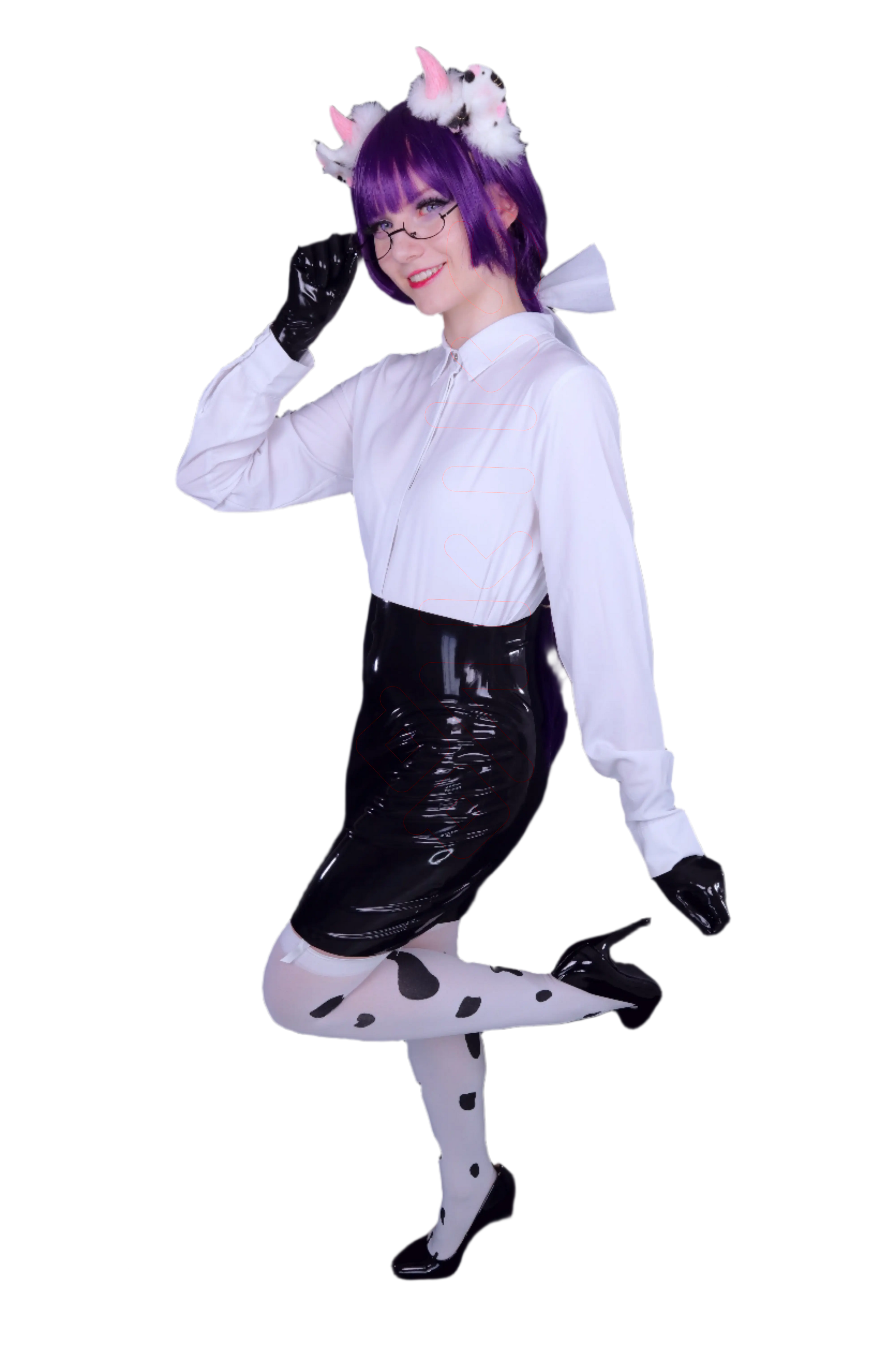 An Anime Office Lady named 'Ethel von Holstein' who is a character of the akiko luxury brand, wears a white blouse, black latex gloves, black latex skirt, shiny black high heels, cow print stockings and cow ears with pink horns