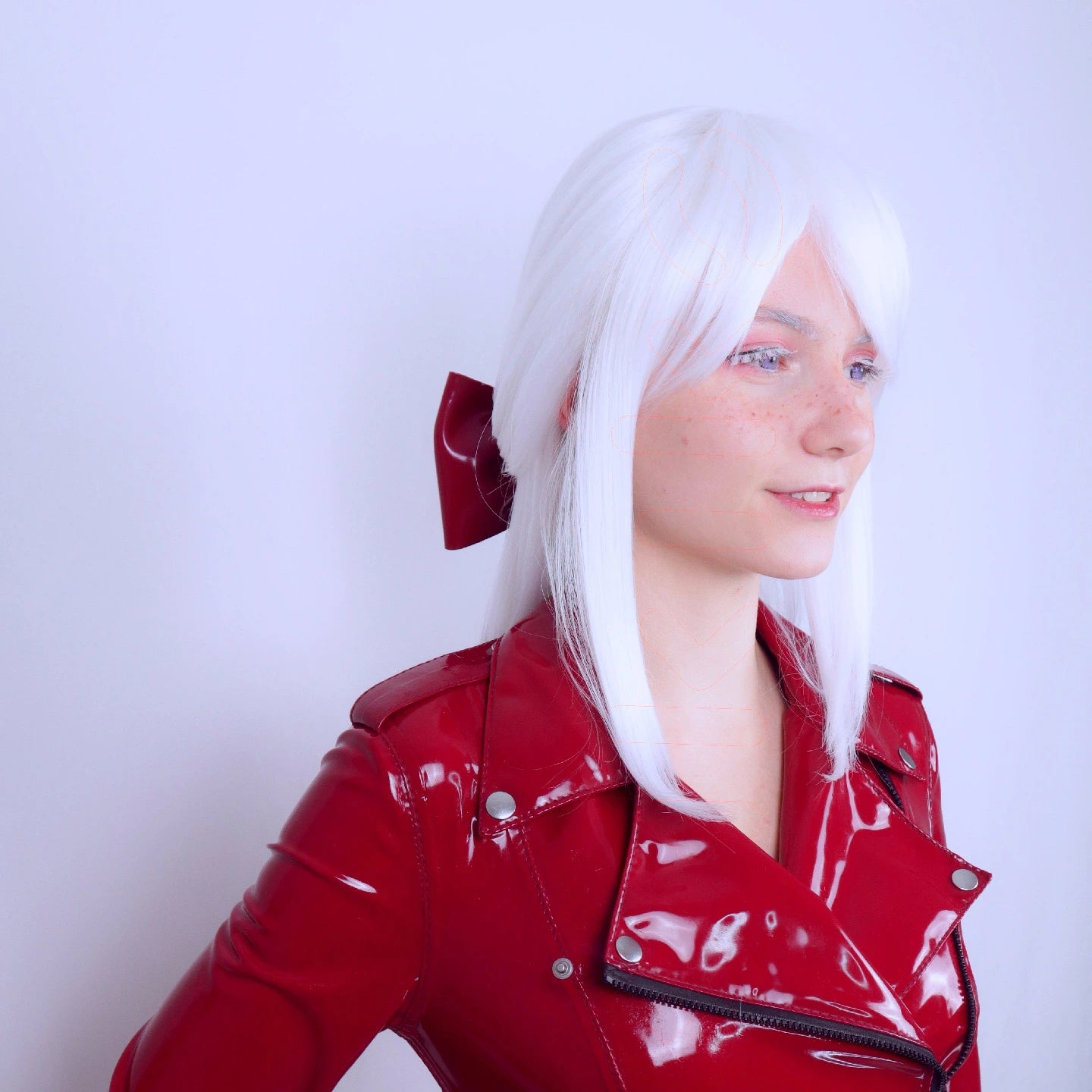 An Anime character named 'Neva de Haes' has white hair styled with a plum colored bow wearing a red designer latex jacket of the Akiko luxury brand against a light blue background.