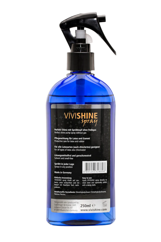 Blue spray bottle labeled 'Vivishine' on a white background
