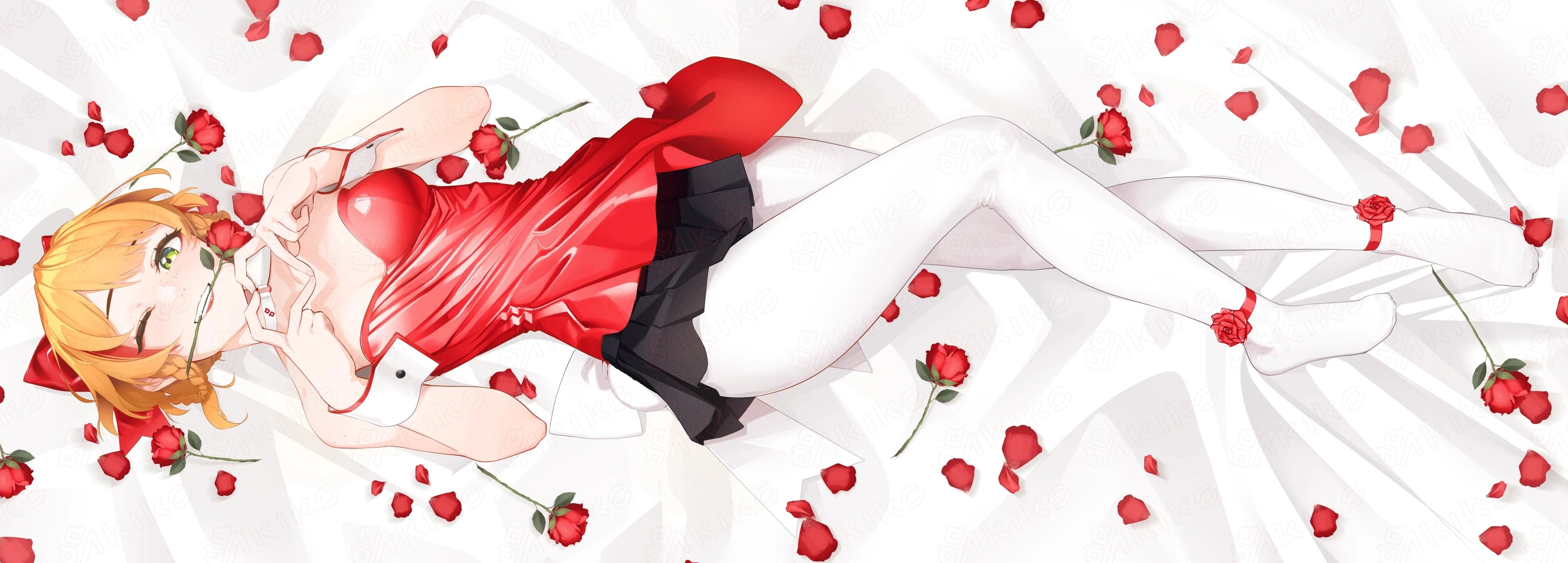 Elena de Haes an Anime character with a red dress and flowers is lying on a bed with a white background