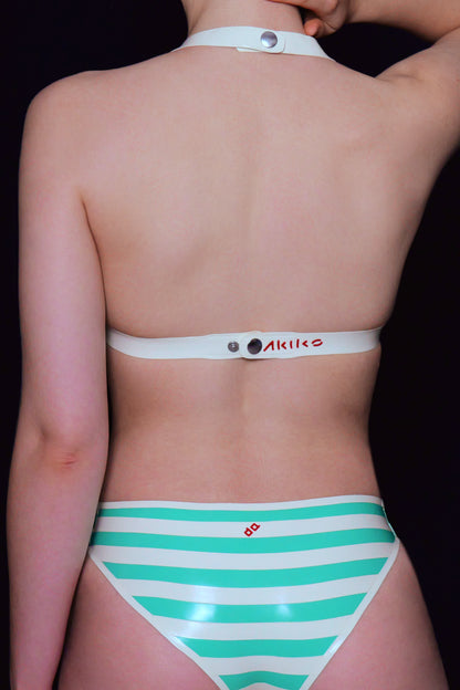 Back view of teal and white striped bikini set configured for premium anime cosplay styling. By AKIKO.