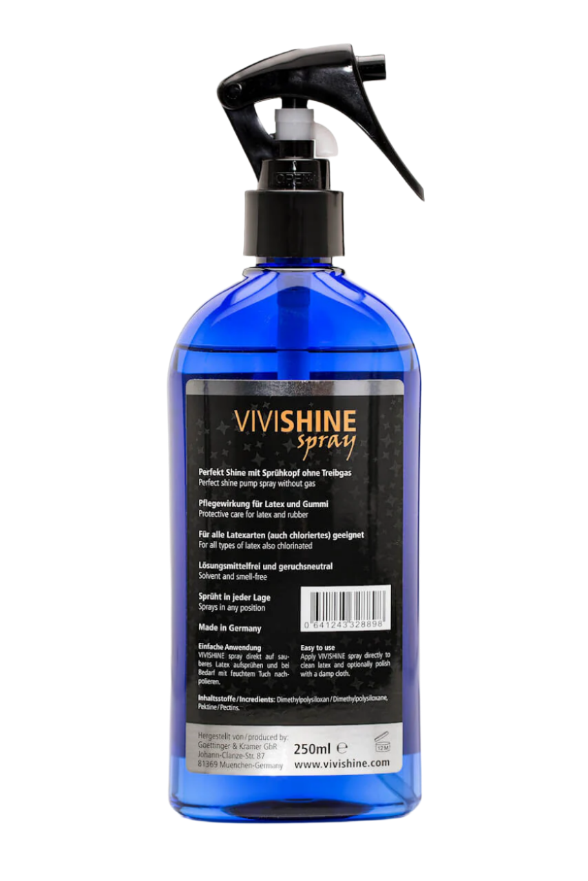 Blue spray bottle labeled 'Vivishine' on a white background