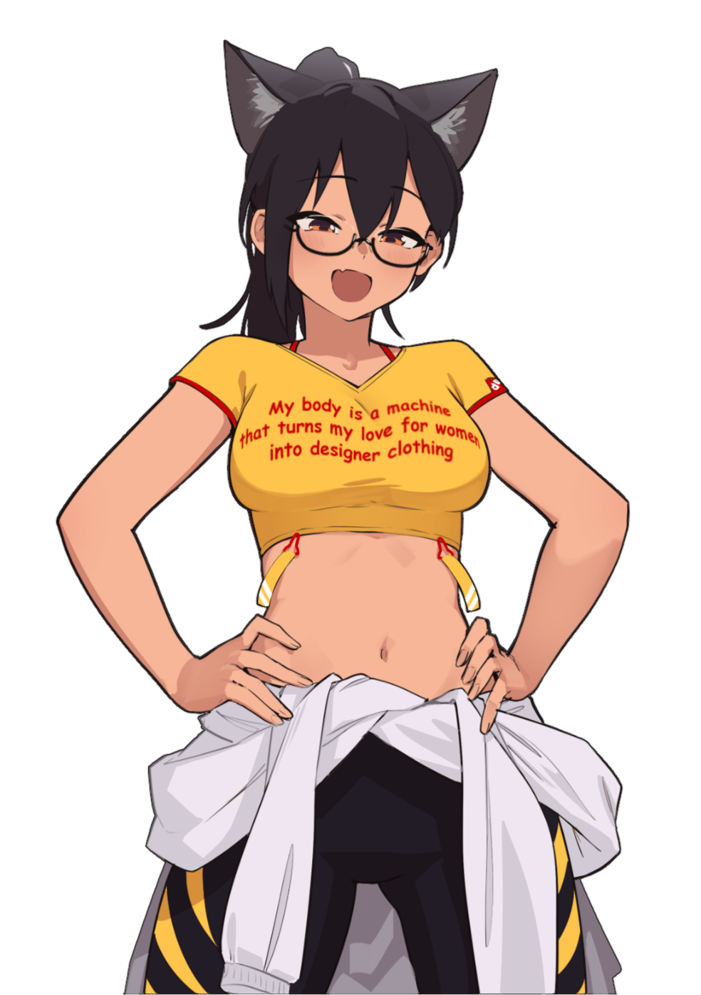 Akiko Anime character wearing a yellow shirt with text and black pants with yellow stripes on a white background