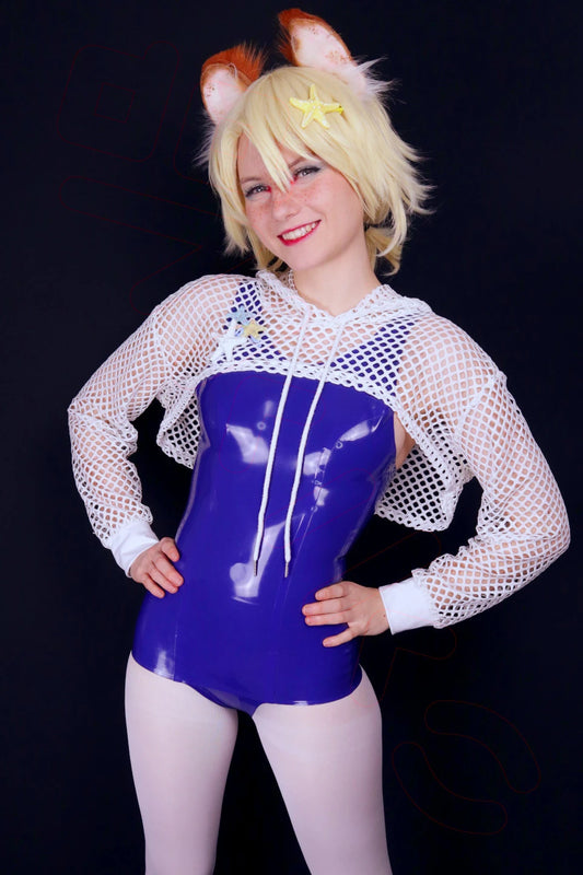 An Anime fashion model named 'Silvan Wilk' wears a classic Japanese style blue designer latex swimsuit of the Akiko luxury brand against a black 