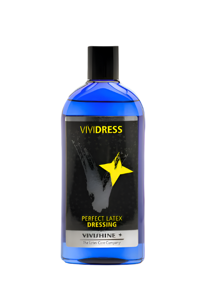 Blue bottle of VIVIDRESS latex dressing on a white background