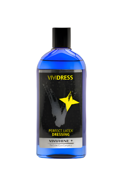 Blue bottle of VIVIDRESS latex dressing on a white background