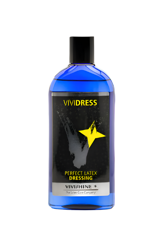 Blue bottle of VIVIDRESS latex dressing on a white background
