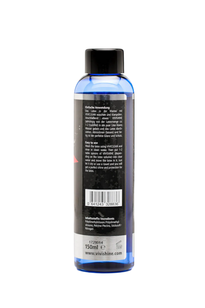 Blue bottle of 'Vivishine' perfect shine with black cap on a white background