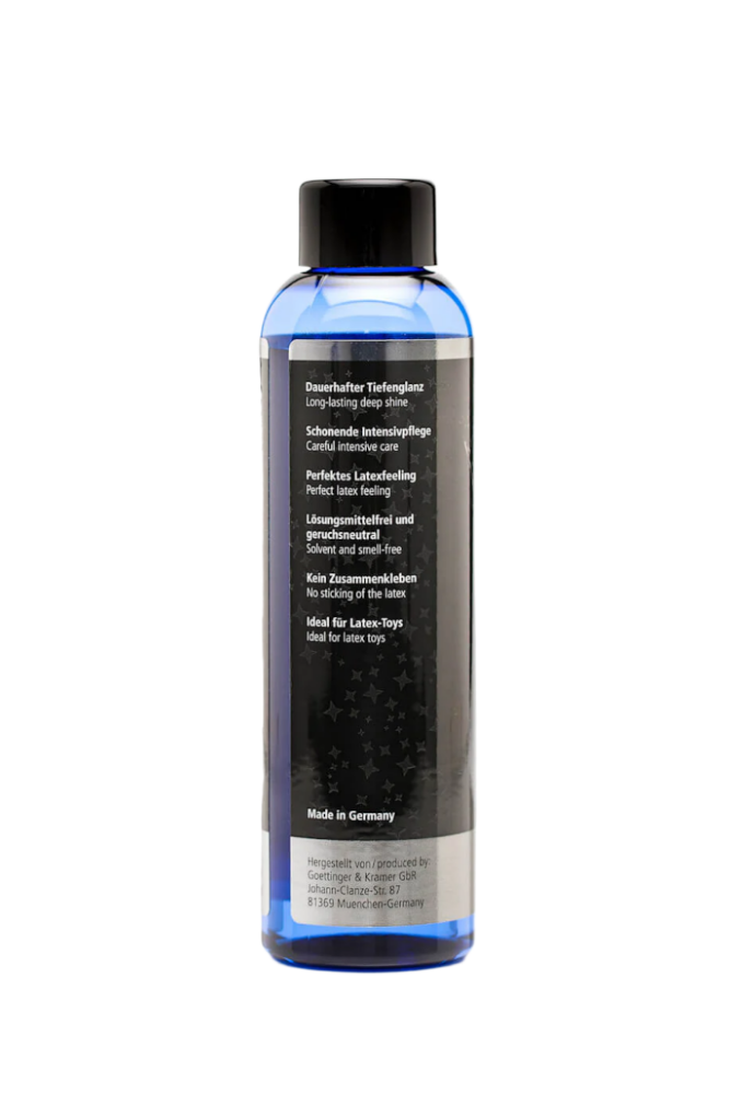 Blue bottle of 'Vivishine' perfect shine with a black cap on a white background