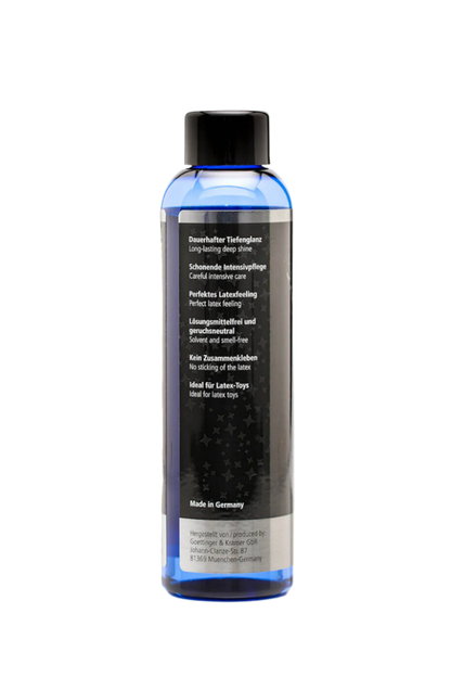 Blue bottle of 'Vivishine' perfect shine with a black cap on a white background